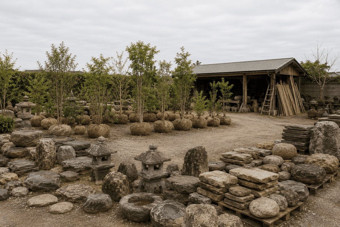 石材と根巻きされた庭木、作業小屋が並ぶヤマ造園の作業場
