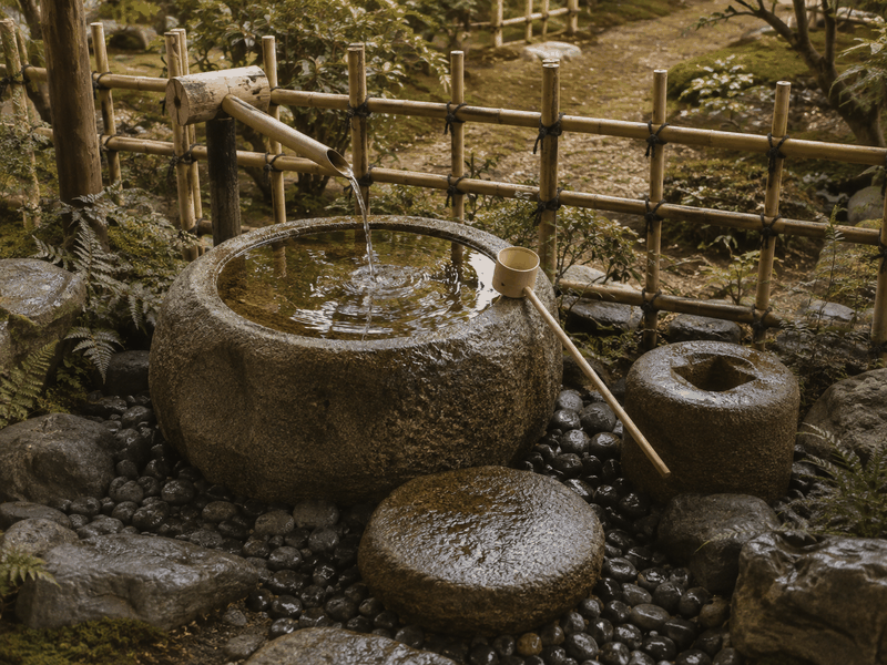 竹の掛樋から水が落ちる手水鉢と背後の四つ目垣