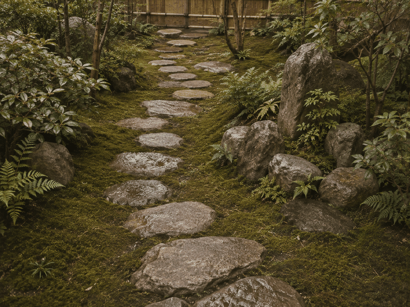 苔の地面を蛇行する飛び石の園路と、脇に据えられた自然石